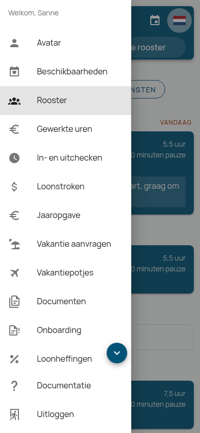 Menu van de medewerkersapp