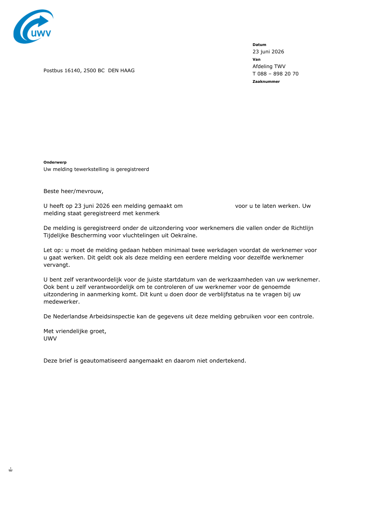 Voorbeeld van de bevestigingsbrief van het UWV, met de gegevens van werkgever en werknemer weggelaten